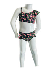 Girl's Two-Piece Bikini Swimsuit - Black Roses