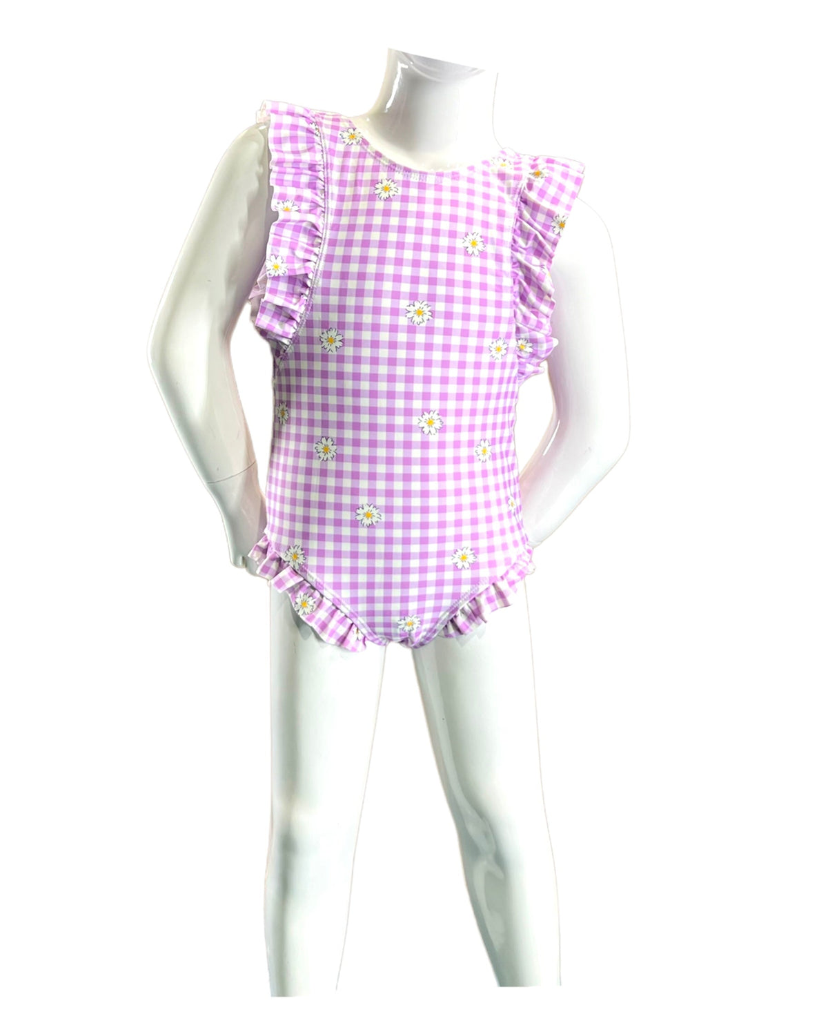 Girl's One-Piece Swimsuit - Gingham Daisy Berry