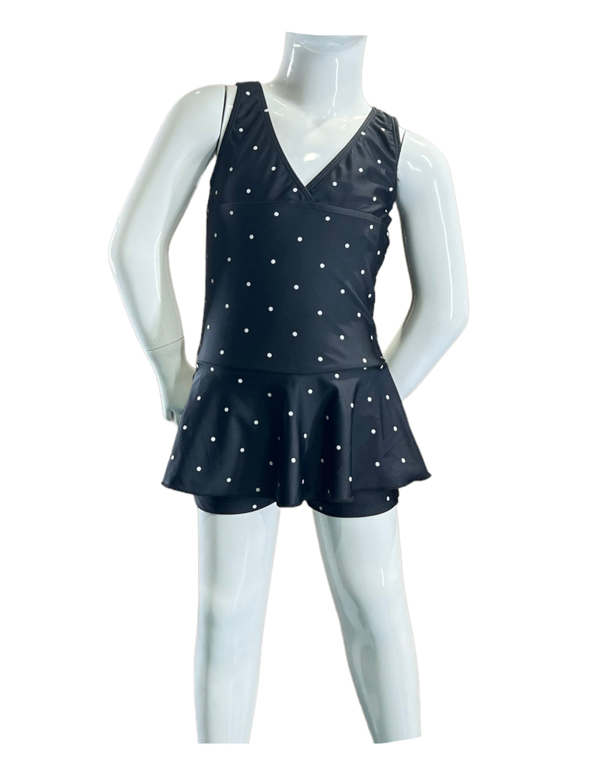 Girl's One-Piece Swim Dress with Boy Shorts - Black/White Dot