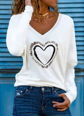 Women's Heart Pattern V-Neck Long-Sleeve T-shirt