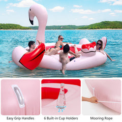 6 Person Inflatable Flamingo Floating Island with 6 Cup Holders