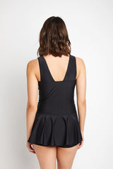 Women's One-Piece Swim Dress with Boy Shorts - Black