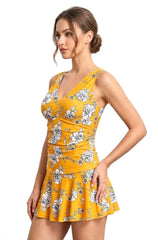 Women's One-Piece Swim Dress with Boy Shorts - Rose Mustard