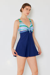 Women's One-Piece Swim Dress - Zigzag Blue