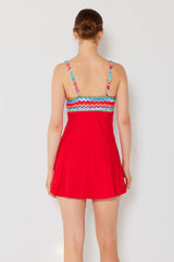 Women's One-Piece Swim Dress - Zigzag Red