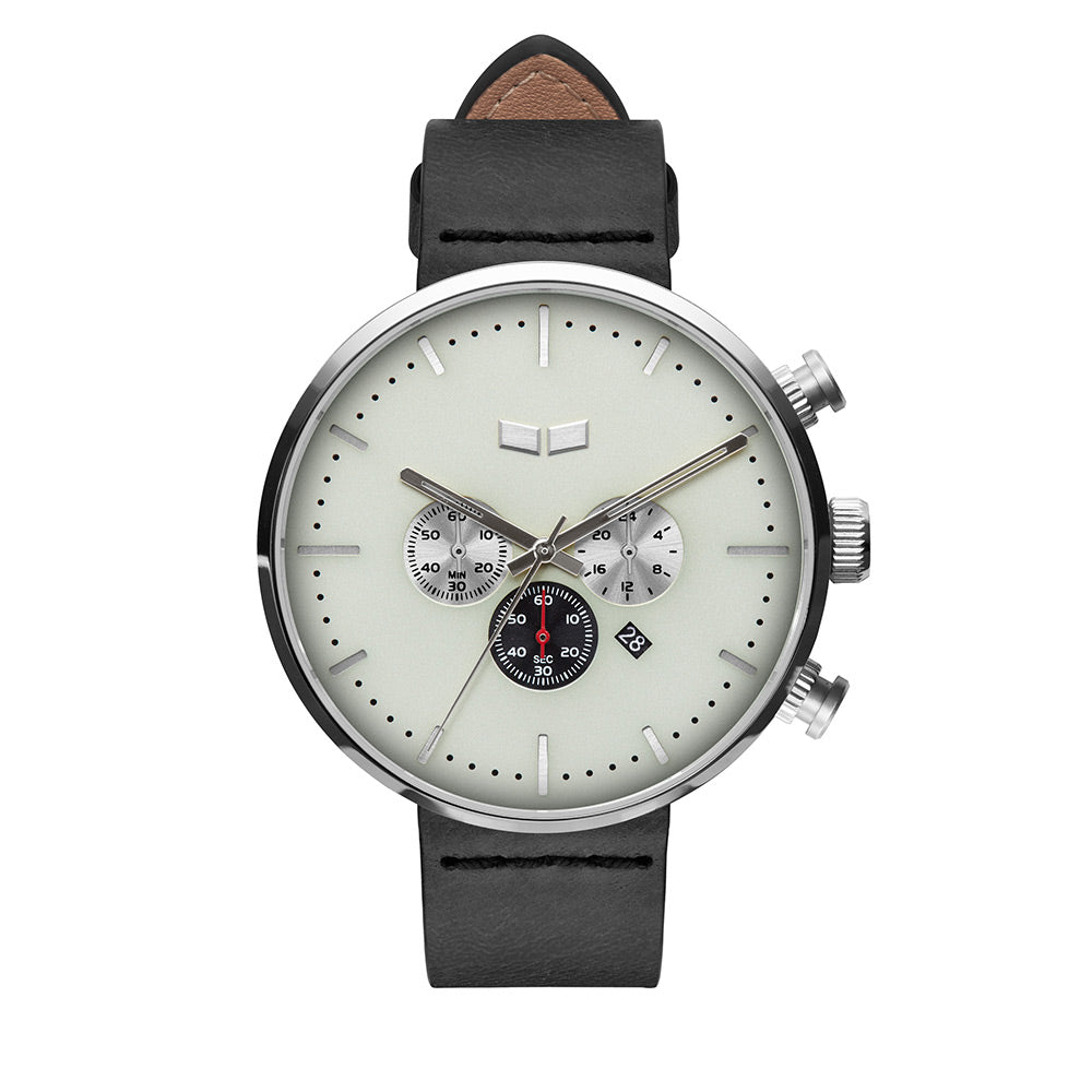 Vestal Watch Men's ROOSEVELT CHRONO LEATHER - White Dial, Silver Case, Black Strap - 100m