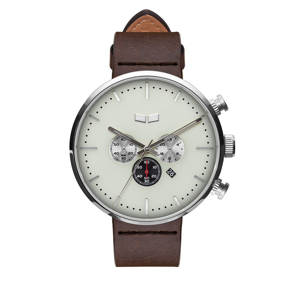 Vestal Watch Men's ROOSEVELT CHRONO LEATHER - White Dial, Silver Case, Brown Strap - 100m