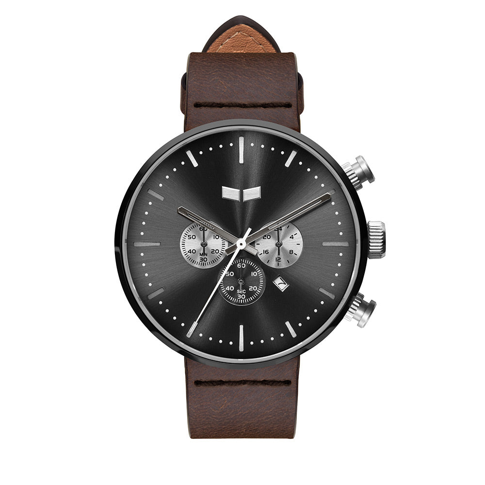 Vestal Watch Men's ROOSEVELT CHRONO LEATHER - Black Dial/Case, Brown Strap - 100m