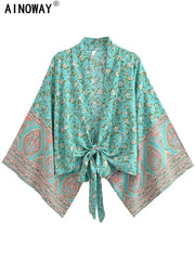 LuxLife Women's Vintage Boho Kimono Short Robe Bikini Cover Up