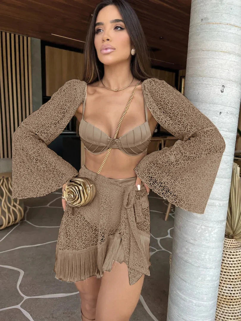 Sexikini Deanea Tassel Women's Three-Piece Bikini Swimsuit with Long Sleeve Cover-Up