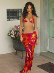 Sexikinis Tropical Vibe Women's Three-Piece Swimsuit with long Skirt Cover-Up