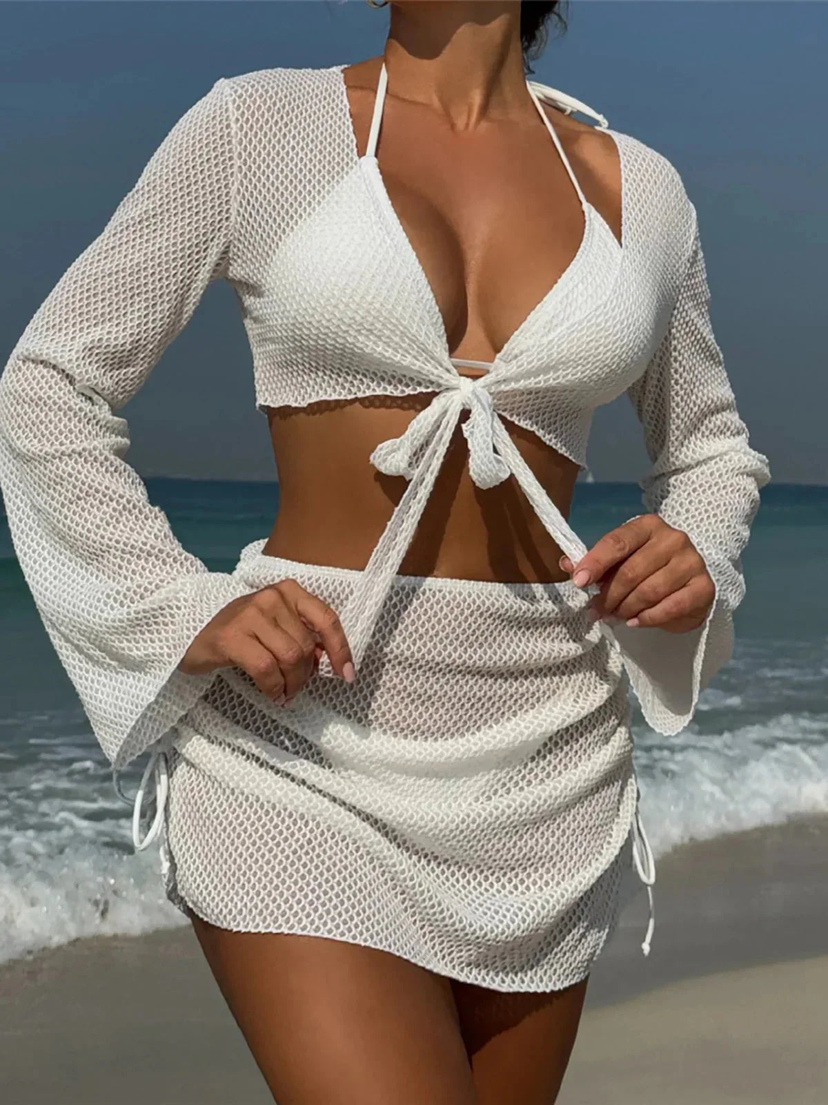 LuxLife Women's Four-Piece Halter Bikini Swimwear with Long Sleeve Top & Skirt Cover-Up