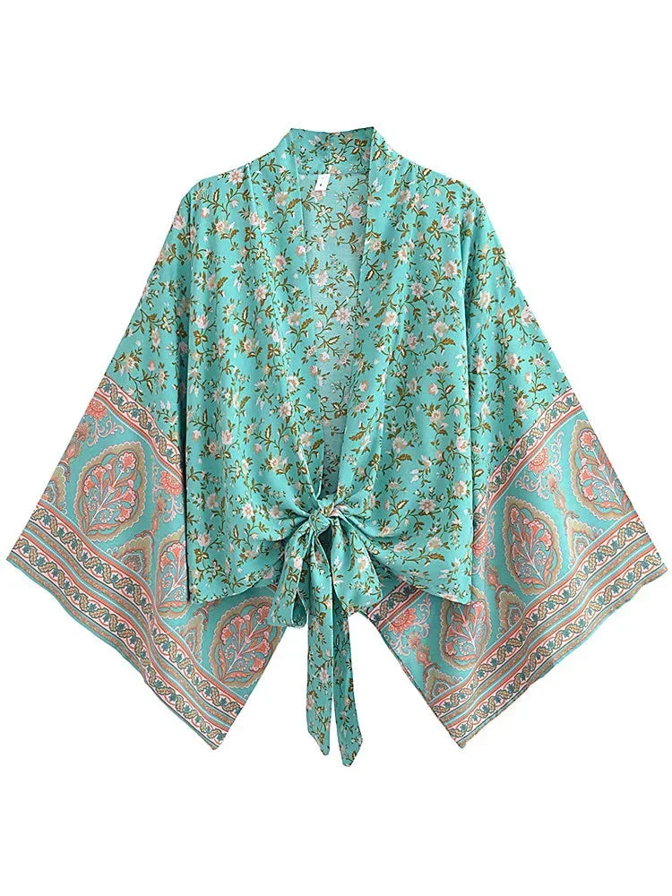 LuxLife Women's Vintage Boho Kimono Short Robe Bikini Cover Up