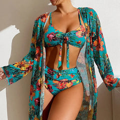 LuxLife Tropic Vibes Women's High Waist Three-Piece Bikini Swimsuit Set