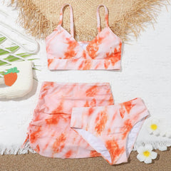 Girl's Three-Piece Bikini Swimsuit with Skirt, Age 7-14