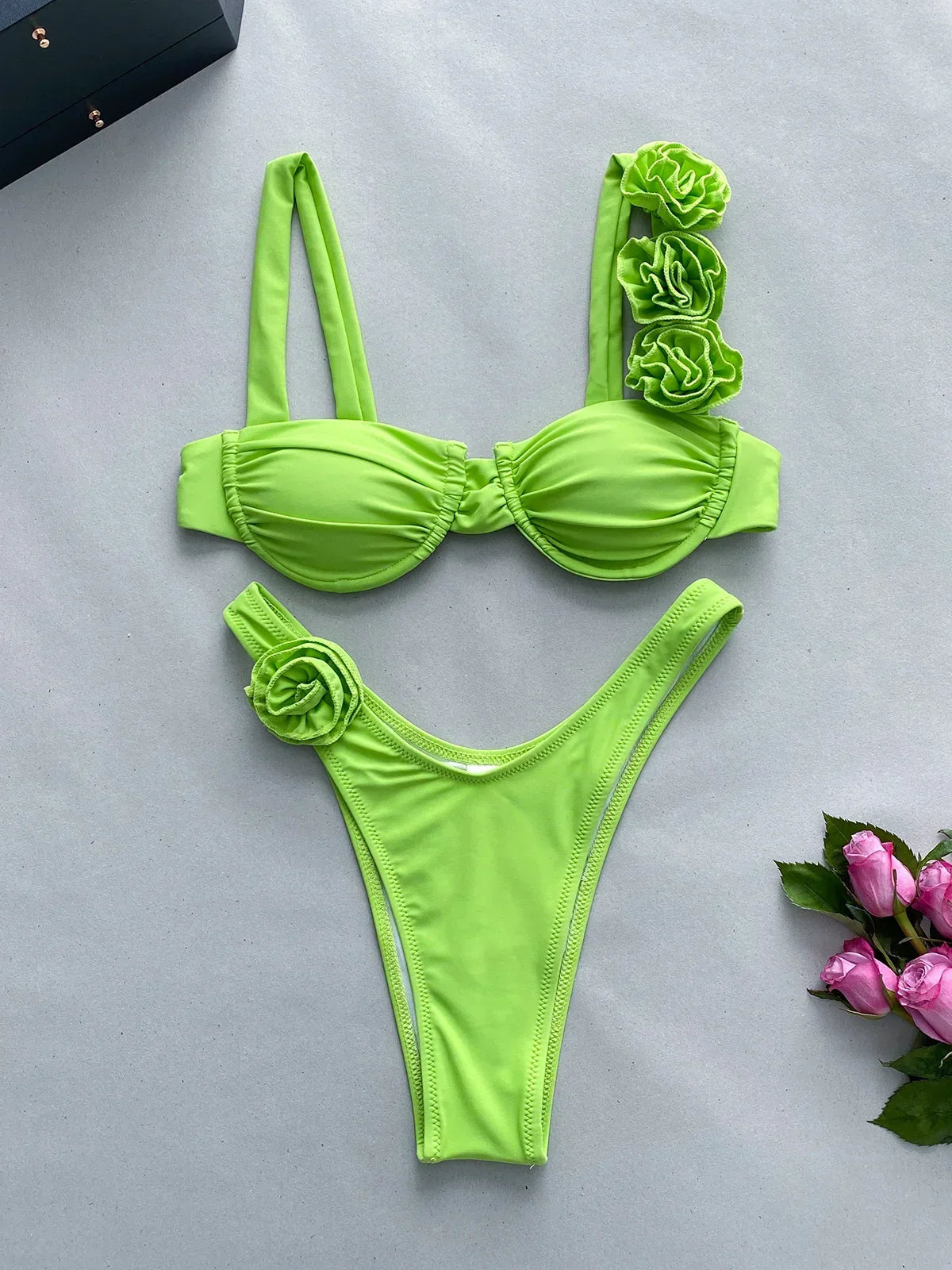 LuxLife Women's Brazilian Push Up Two-Piece Bikini Swimsuit with Flowers