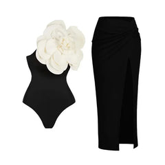 Sexikini Women's White Rose One-Piece Swimsuit with Long Skirt