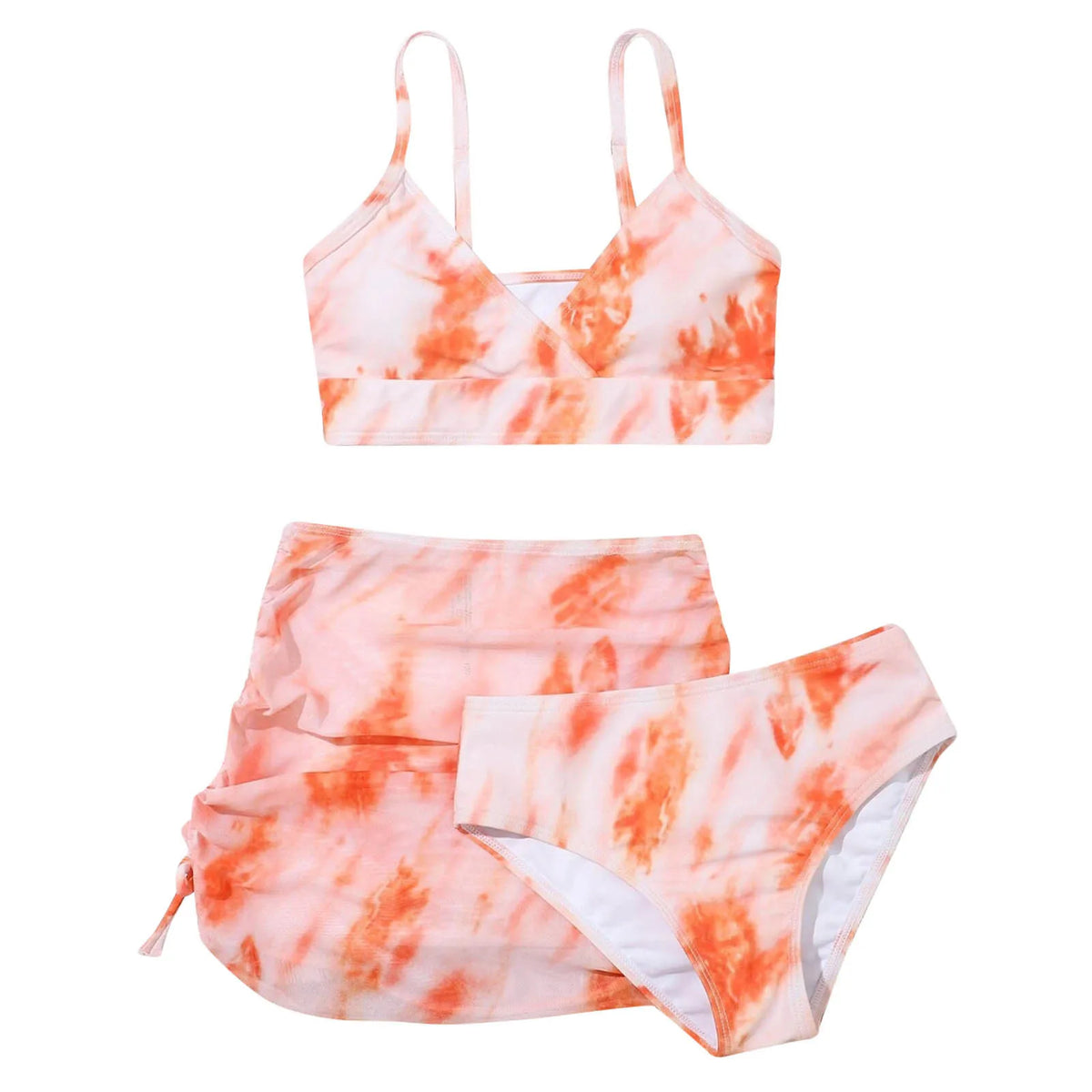 Girl's Three-Piece Bikini Swimsuit with Skirt, Age 7-14