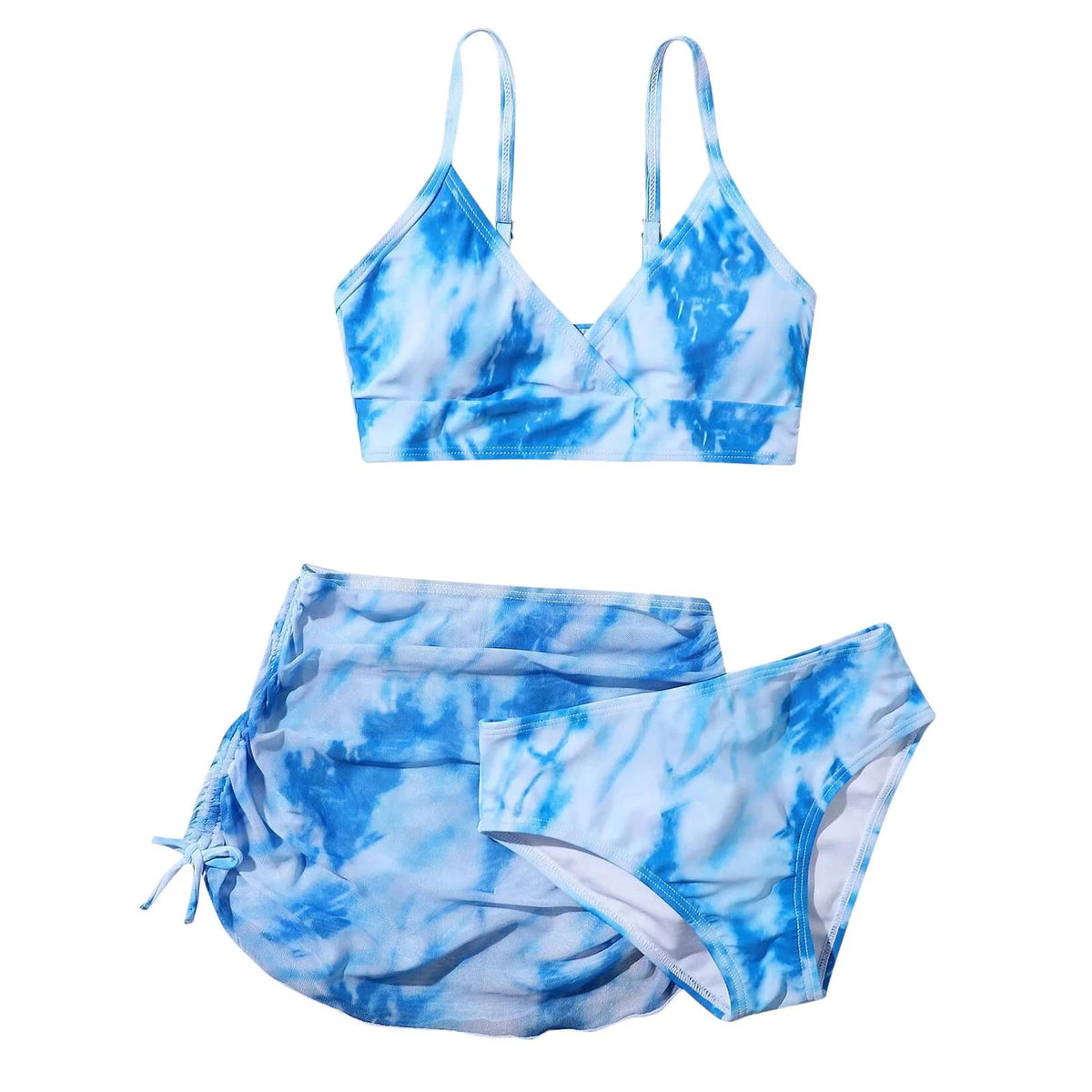 Girl's Three-Piece Bikini Swimsuit with Skirt, Age 7-14