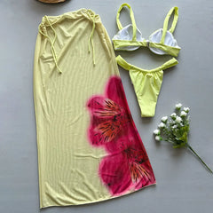 Sexikinis Hibiscus Rose Women's Three-Piece Bikini Swimsuit with Long Skirt Cover-Up