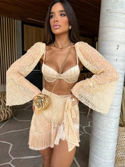 Sexikini Deanea Tassel Women's Three-Piece Bikini Swimsuit with Long Sleeve Cover-Up