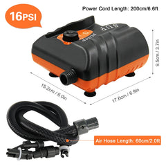 16 PSI, 95L/min SUP Surf Paddle Board Canoe Inflatable Boat Car Bike High Pressure Car 12V Electric Air Pump with 6 Connectors