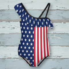 Girl's Ruffled USA Flag One-Piece Swimsuit