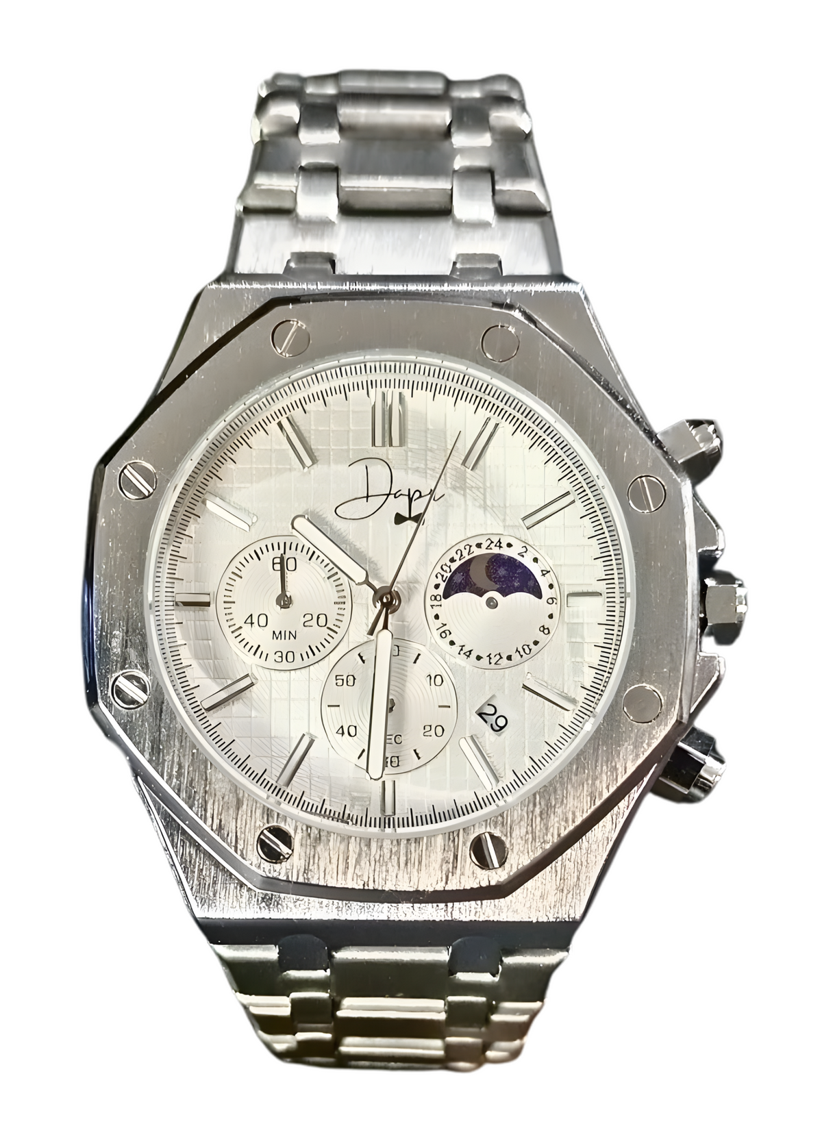 Dapper Watches Men's Silver Stainless Steel ChronoLunar Watch - White Dial - 30m