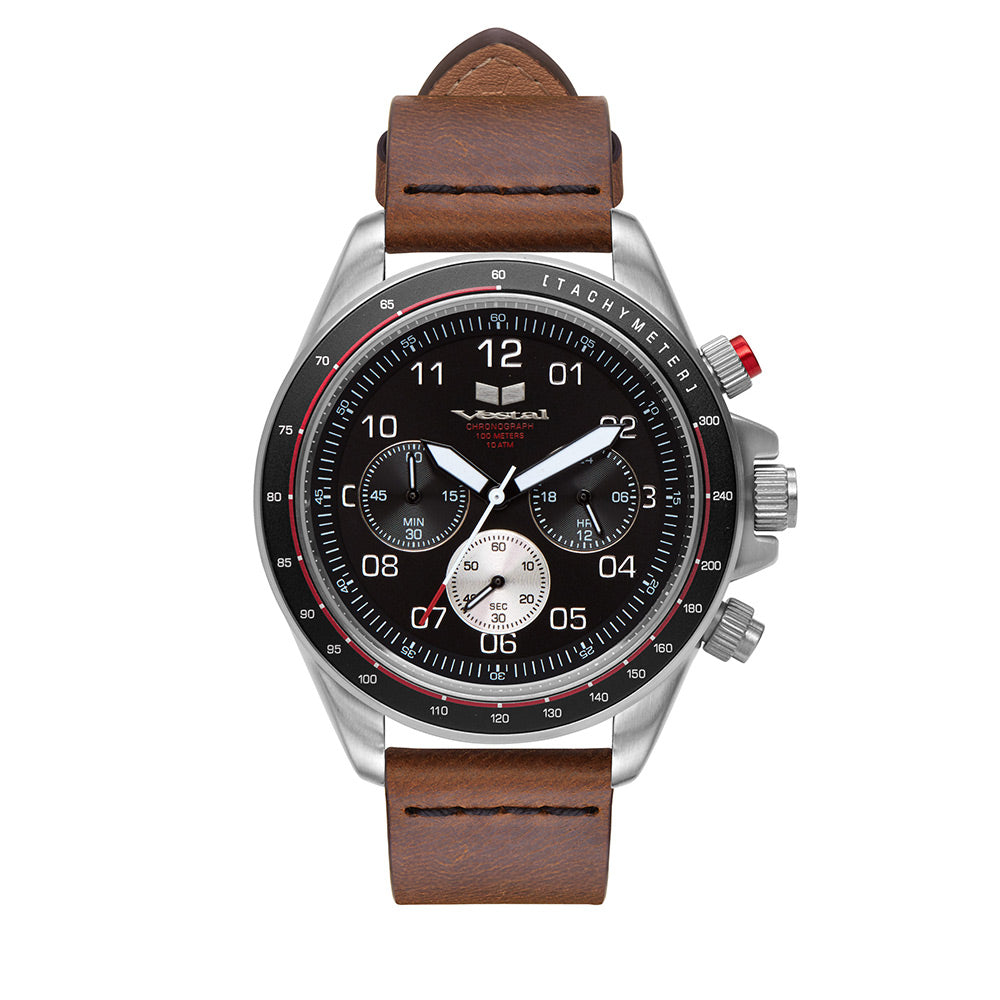 Vestal Watch Men's ZR2 LEATHER - Black Dial, Silver Case, Brown Strap - 100m