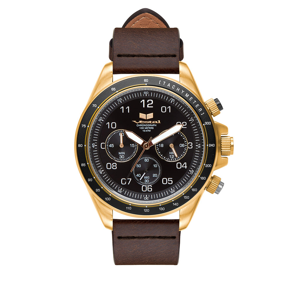 Vestal Watch Men's ZR2 LEATHER - Black Dial, Gold Case, Brown Strap - 100m