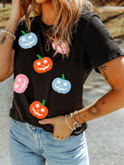 HALLOWEEN Women's Chenille Pumpkin Patched Playful T-Shirt