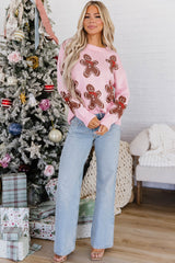Women's Pink Gingerbread Pattern Round Neck Long Sleeve Shift Sweater CHRISTMAS