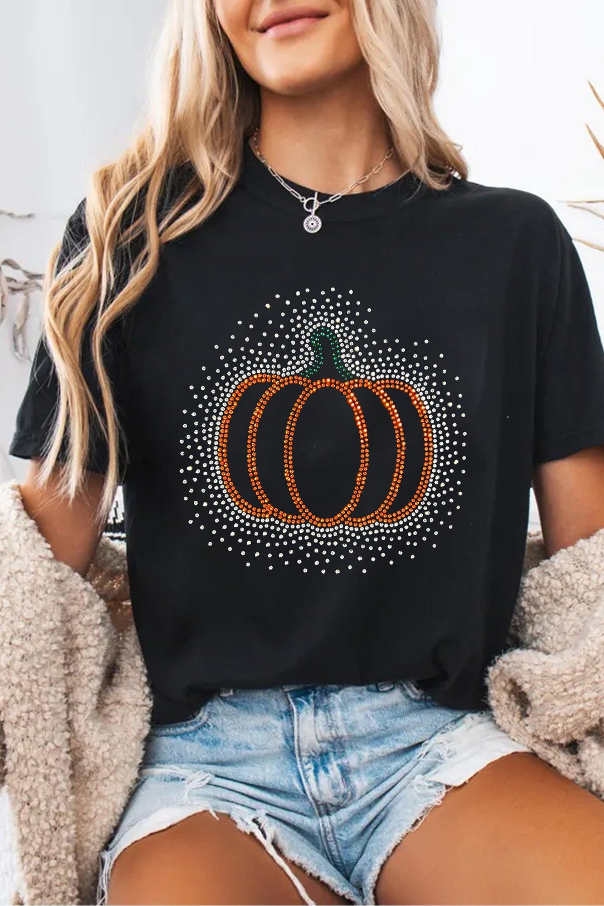 HALLOWEEN Women's Black Rhinestone Pumpkin Graphic Casual Short Sleeve Tee