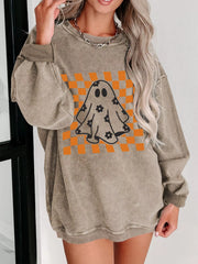 HALLOWEEN Women's Checkerboard Floral Ghost Graphic Corded Sweatshirt