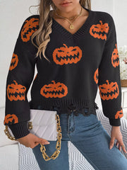 HALLOWEEN Women's Pumpkin Pattern Raw Hem V-Neck Sweater