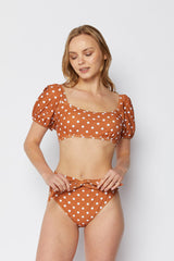 Women's High Waist Short Sleeve Two-Piece Bikini Swimsuit - Brick/White Dot