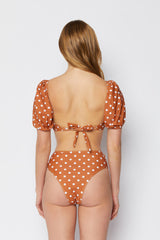 Women's High Waist Short Sleeve Two-Piece Bikini Swimsuit - Brick/White Dot