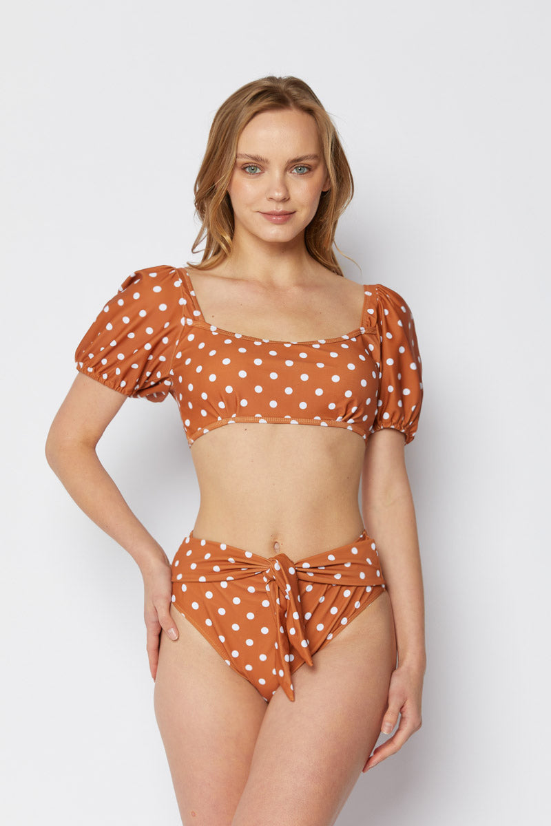 Women's High Waist Short Sleeve Two-Piece Bikini Swimsuit - Brick/White Dot