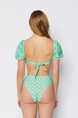 Women's Short Sleeve High Waist Two-Piece Bikini Swimsuit - Mint/White Dot