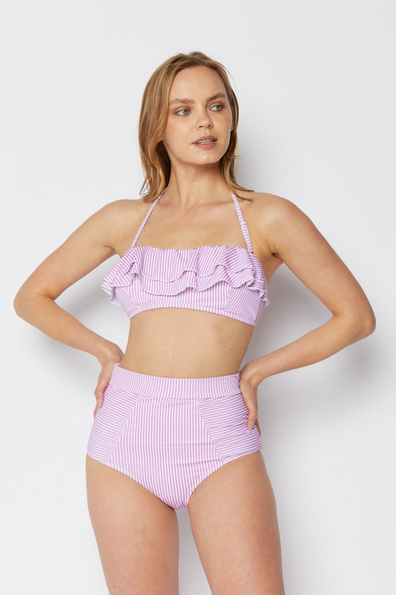 Women's High Waist Two-Piece Bikini Swimsuit - Thin Stripe Pink
