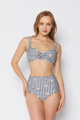 Women's High Waist Two-Piece Bandeau Bikini Swimsuit - Black Gingham Daisy