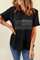 Women's Rhinestone US Flag Round Neck Short Sleeve T-Shirt