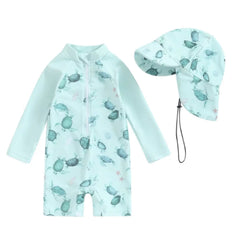 Unisex Baby Long-Sleeved Onesie Swimsuit with Sun Protection and Hat