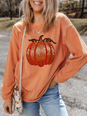 AUTUMN Women's Sequined Pumpkin Ribbed, Round Neck Sweatshirt