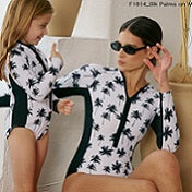 Girl's Long Sleeve One-Piece Rash Guard - Black Palms on White