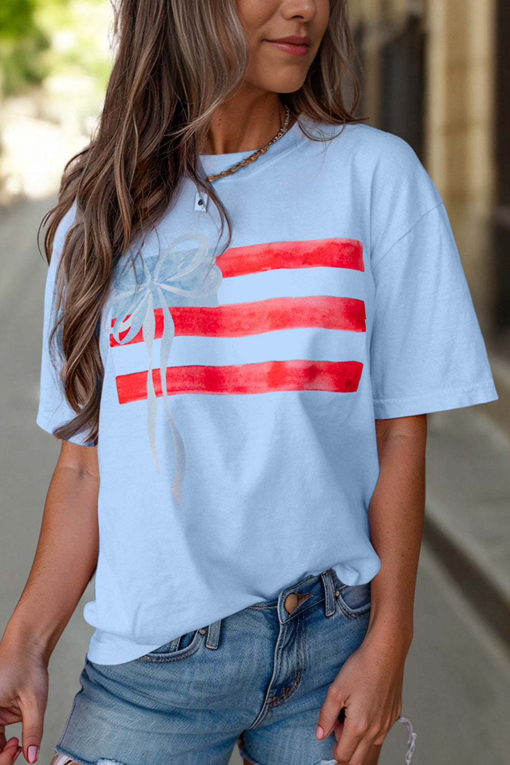 Women's USA Flag Bow Graphic Crewneck T-Shirt