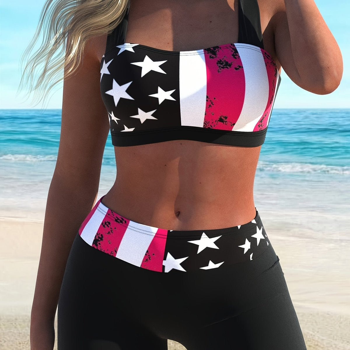 Women's American Flag Two-Piece Criss Cross Halter Bikini Swimsuit with Boxer Shorts Bottoms