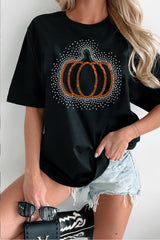 HALLOWEEN Women's Black Rhinestone Pumpkin Graphic Casual Short Sleeve Tee