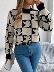 HALLOWEEN Women's Ghost Pattern Checkered Round Neck Sweater