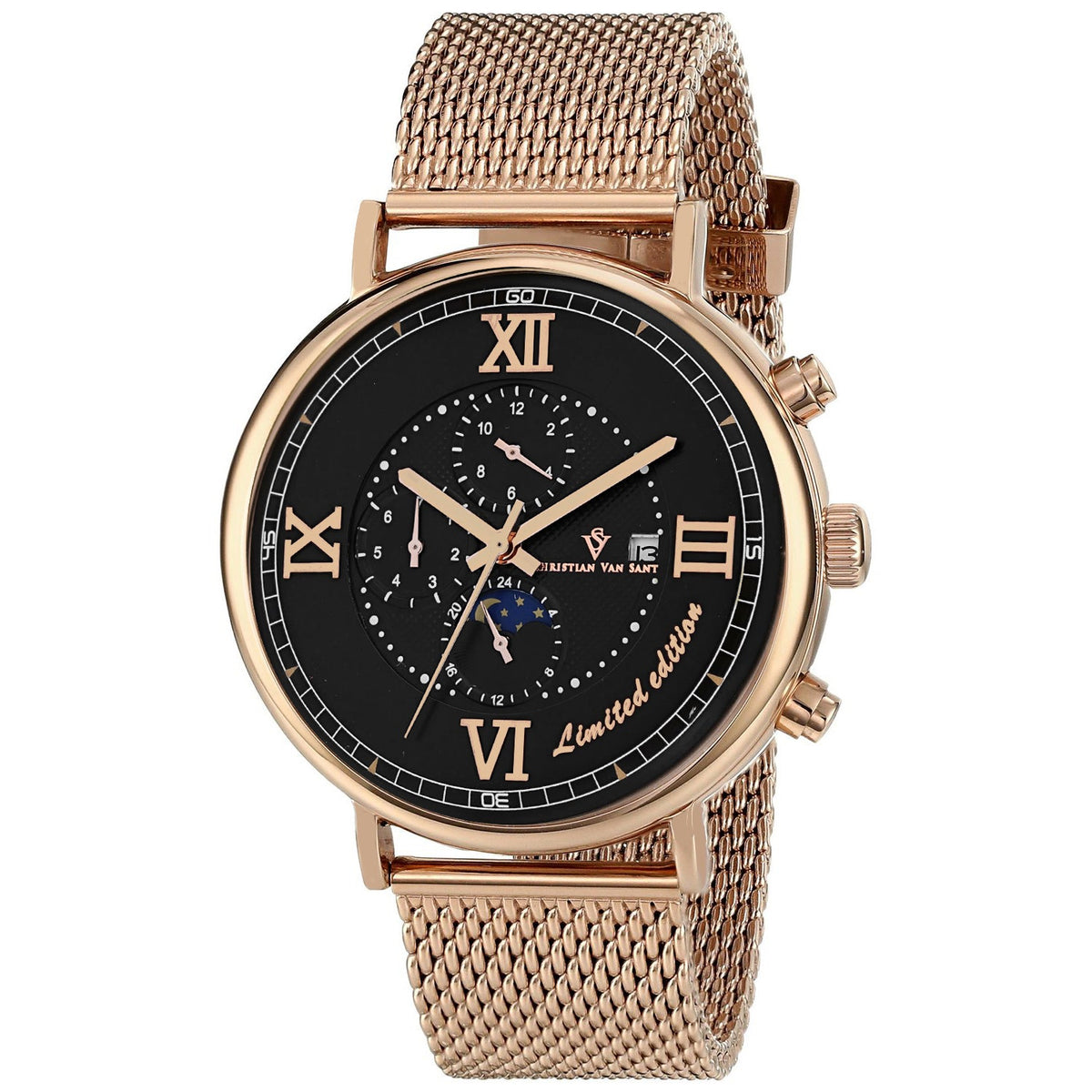 Christian Van Sant Men's Somptueuse LTD - Black Dial, Rose Gold Bracelet - 100m